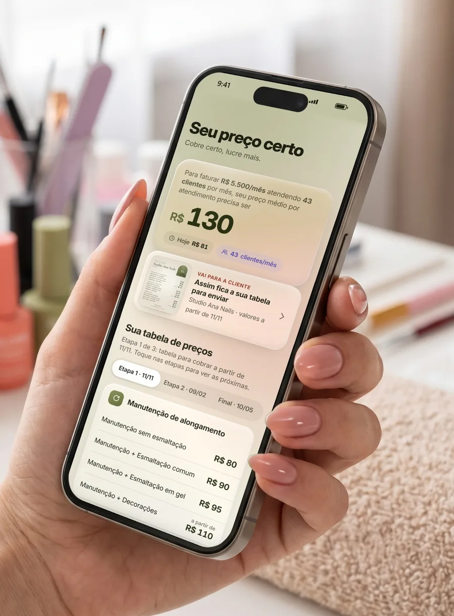Mão de nail designer segurando o celular com o Mapa Nail aberto na tela Seu preço certo: para faturar R$ 5.500 por mês atendendo 43 clientes, o preço médio por atendimento precisa ser R$ 130. Hoje, R$ 81. Abaixo, a prévia da tabela Studio Ana Nails e os preços da manutenção.